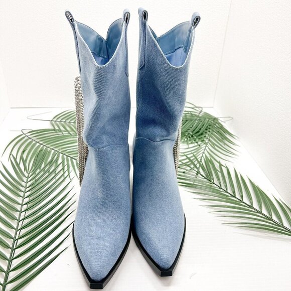 Azalea Wang Blue Denim Rhinestone Fringed Wide Calf Ankle Boots Size 7 Cowboy - Picture 3 of 13